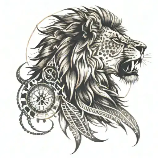 A Lion Tattoo With A White Background Roaring Slightly To The Side And A Compass