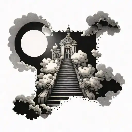 A Celestial Staircase Ascending Towards A Radiant Sun Surrounded By Fluffy Clouds
