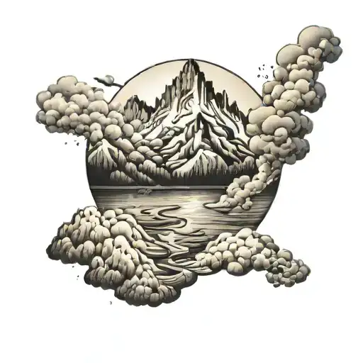 A River Winding Through A Mountain Range With Cigar Smoke Forming Shapes In The Sky