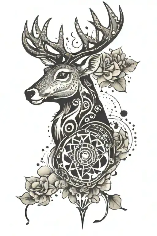 An Edgy Tattoo Design Combining A Deer Silhouette With Rock Music Symbols