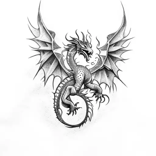 A Dotwork Tattoo Of A Dragon And A Phoenix Engaged In A Fierce Brawl Fight