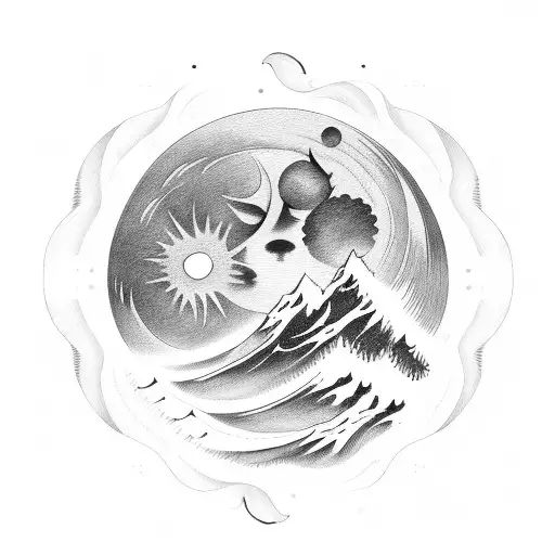 Sun Mountains Waves Moon