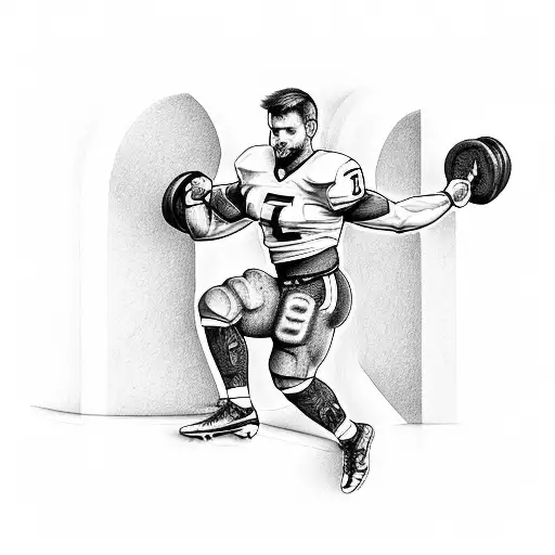 A Football Player Lifting Weights With A Halo Above His Head And A Cross Tattoo On His Arm