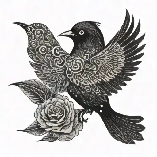 A Tattoo Design Featuring A Blackwork Silhouette Of A Bird Singing Along To A Bts Song