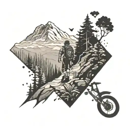 A Tattoo Of An Anime Character Hiking Up A Mountain Trail