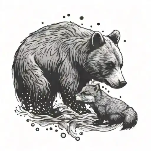 A Black And Grey Tattoo Of A Bear And Fox Sharing A Kiss Underwater