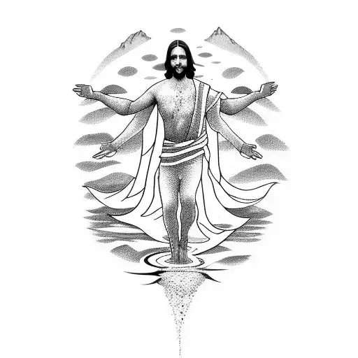 A Dotwork Tattoo Of Jesus Walking On Water With Musical Notes Forming The Waves