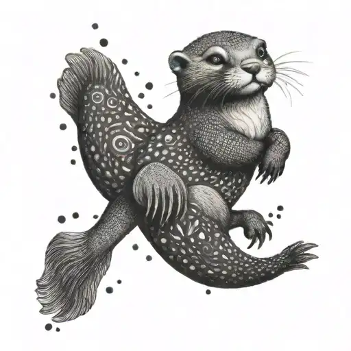 A Playful Dotwork Otter Floating On Its Back In A Black-grey River Filled With Sketch-style Fish