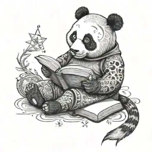 A Panda Reading A Book With Magical Elements In The Background