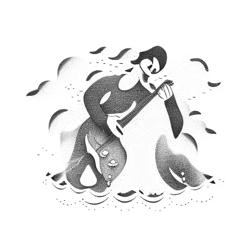 A Musician Playing Guitar On A Floating Stage Amidst A Breathtaking Waterfall