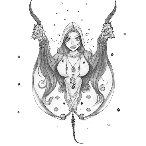 A Handpoke Tattoo Of A Female Witch With Long Curly Hair