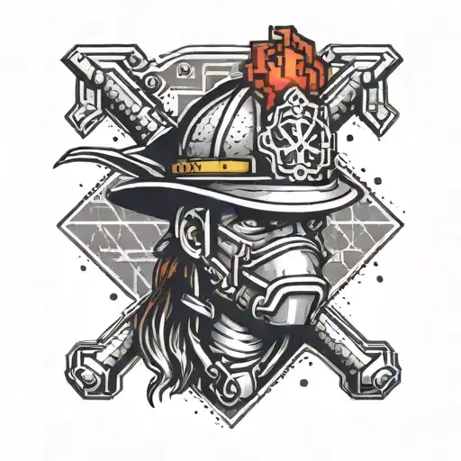 A Pixelated Fireman Logo With The Aries Zodiac Symbol Incorporated Into The Design