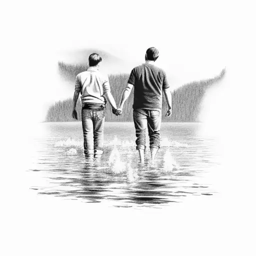 Father And Son Holding Hands And Walking Towards Chevy Silverado By A Lake