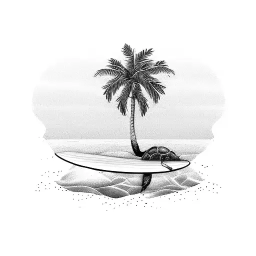Palm Tree With Surfboard And Turtle