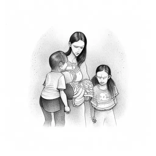 A Mother With Two Children On A Rail