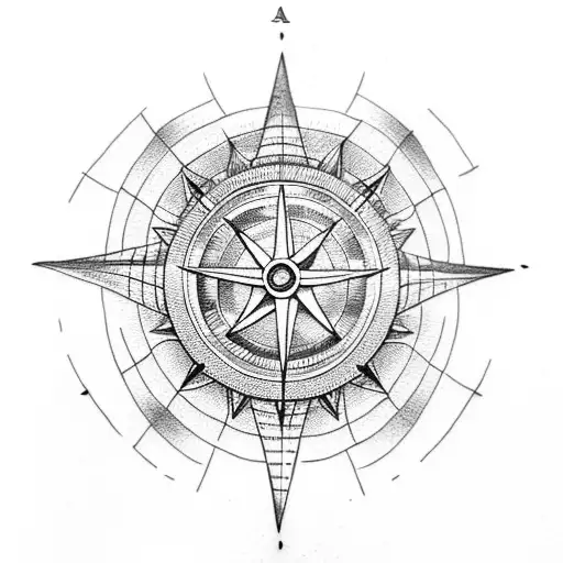 A Dotwork Tattoo Of A Bicycle Wheel With Mountains And A Compass Rose Incorporated Within