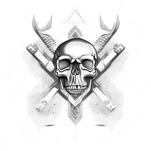 A Skull Adorned With Metal Band Logos And Historical Symbols