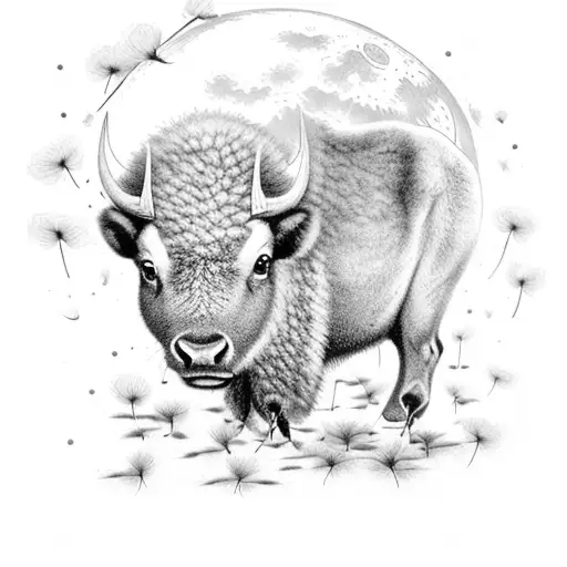 Little Buffalo In Dandelion Field Under Moon