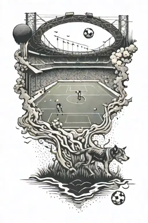 A River Flowing Through A Soccer Stadium With Dogs Playing On The Field
