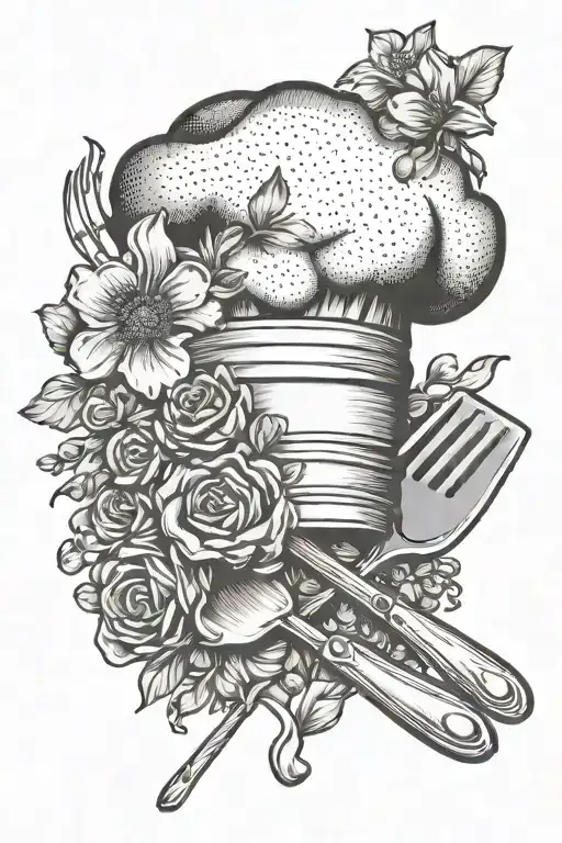 A Chef Hat And Crossed Cooking Utensils With Delicate Flower Accents In Dotwork Style