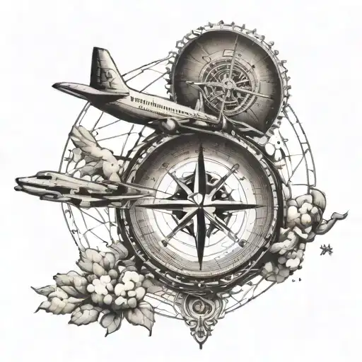 A Detailed Compass With A Plane Flying Around It In A Dotwork Design
