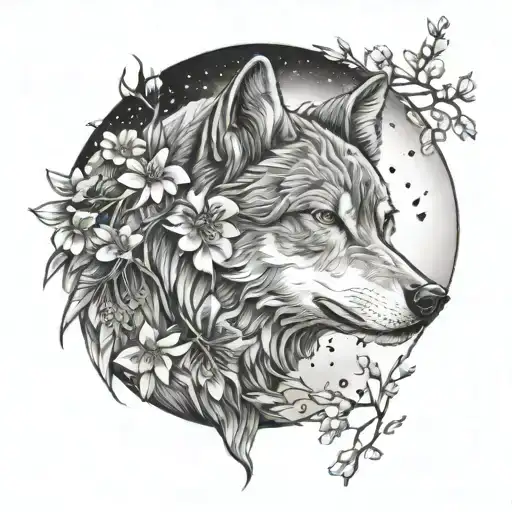 A Tattoo Of A Wolf Howling At The Moon With Japanese Cherry Blossoms In The Background