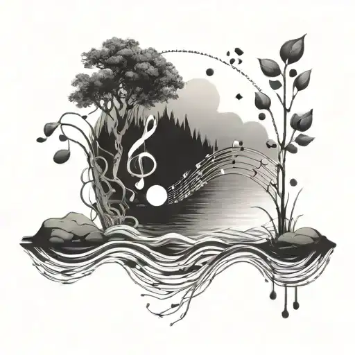 A Serene Nature Scene With A Flowing River And Music Notes Floating In The Air