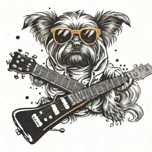 Design A Tattoo Of A Yorkie Dog In A Hoodie Playing Guitar At A Beach Party Surrounded By Sexy Women