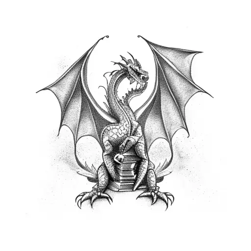 A Dotwork Design Of A Dragon Emerging From A Book