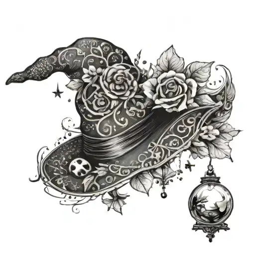 A Witch's Hat Adorned With Intricate Floral Patterns And A Crystal Ball