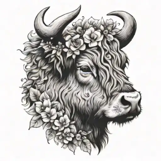 Create A Dotwork Tattoo Of A Scottish Highland Cow With A Crown Of Flowers On Its Head
