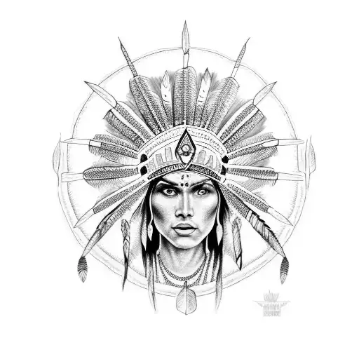 Intricate Dotwork Design Of A Cherokee Indian Headdress With A Crown Incorporated