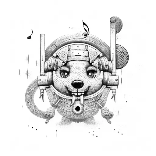 A Dotwork Design Of A Digger With Music Notes Forming Its Tracks