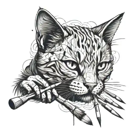 Intricate Line Work Depicting A Cat Playing With Paintbrushes