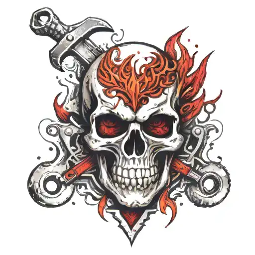 A Skull Engulfed In Red Tribal Flames With A Wrench And Screwdriver Crossed Behind It