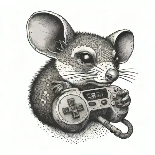 A Dotwork Tattoo Of A Common Brushtail Possum Playing A Video Game Controller In A Beach Setting