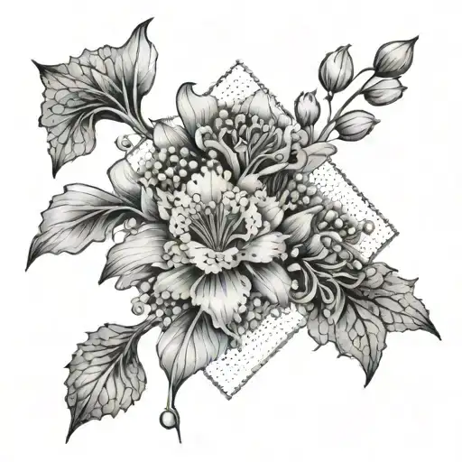 A Dotwork Tattoo Of A Geometric Design Incorporating Elements Of Carnations And Lily Of The Valley