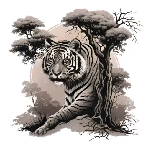 A Peaceful Woodland Landscape With A Majestic Tiger Resting Under A Tree