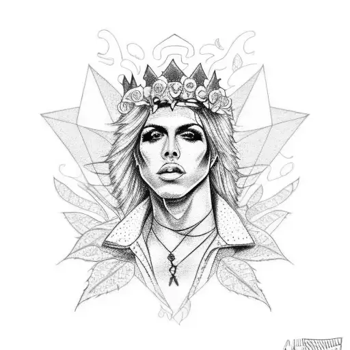 A Dotwork Tattoo Of A Glam Rock Star With A Rose Crown And A Motorcycle In The Background