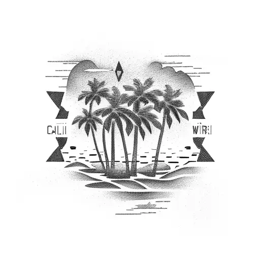 A Dotwork Representation Of A California Beach Sunset With Palm Trees Swaying In The Breeze