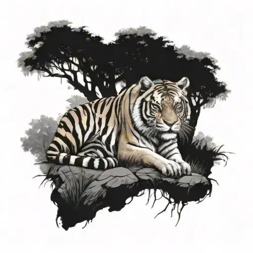 A Peaceful Woodland Landscape With A Majestic Tiger Resting Under A Tree