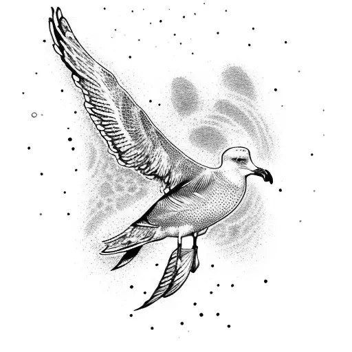 A Dotwork Tattoo Of A Seagull Surrounded By Symbols Representing Different Psychological Concepts