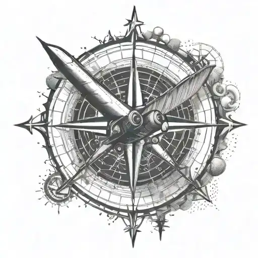 A Detailed Compass With A Plane Flying Around It In A Dotwork Design