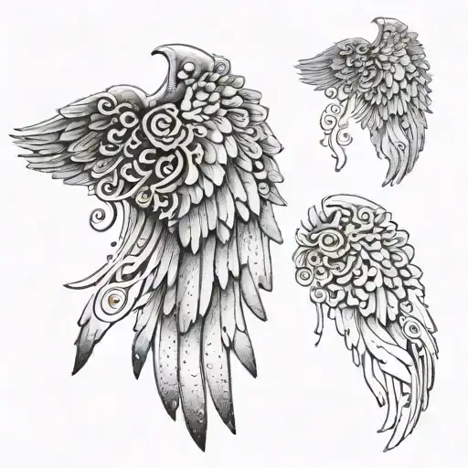 Create A Dotwork Tattoo Design Of An Angel Wing With Armenian Script Hidden Within