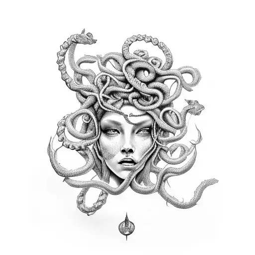 A Tattoo Depicting The Enchanting Medusa In Dotwork Style