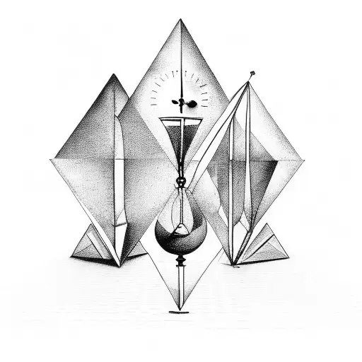 Three-part Hourglass Made Of Triangles That Is Fused With A Pendulum And An Antique Clock