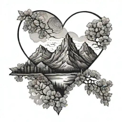 A Dotwork Tattoo Of A Mountain Landscape With A Heart At The Peak
