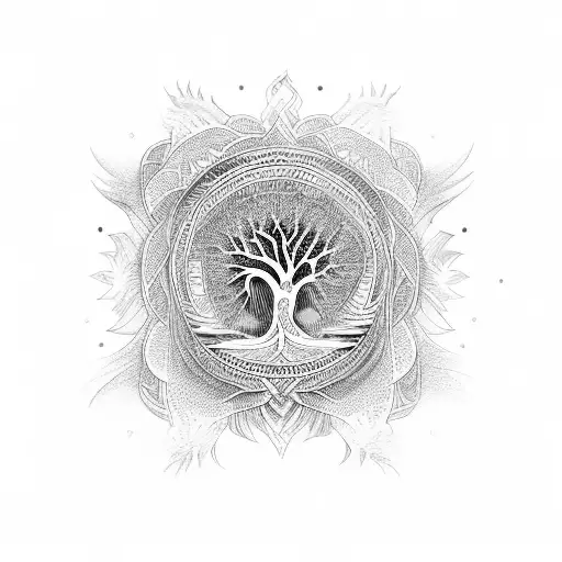 Phoenix And Tree Of Life Inside A Mandala