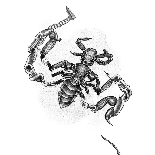 Scorpion Covering Entire Shoulder With Tail That Morphs Into Chains Wrapping Around Arm