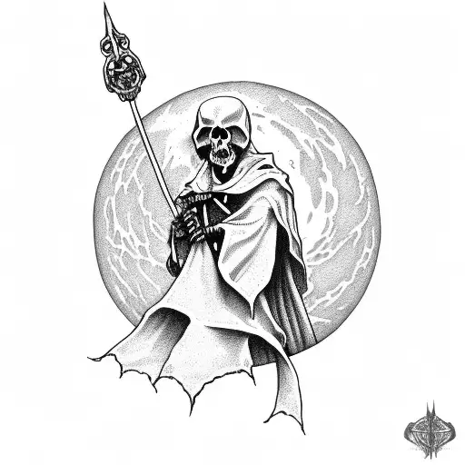 Grim Reaper Seat On His Scythe Looking Moon And Hold A Skull In Hand